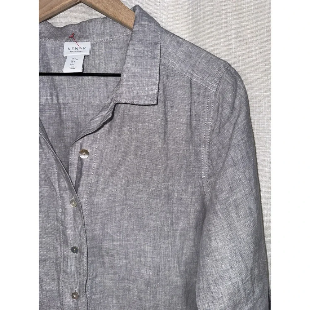 Kenar Gray 100% Linen Woven Shirt Dress Sz Large Collared MOP buttons Pockets - Picture 2 of 9